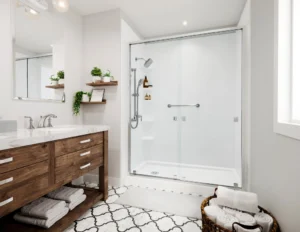 Modern bathroom remodel by Bath Fitter of Colorado & Southern Wyoming with a walk-in shower