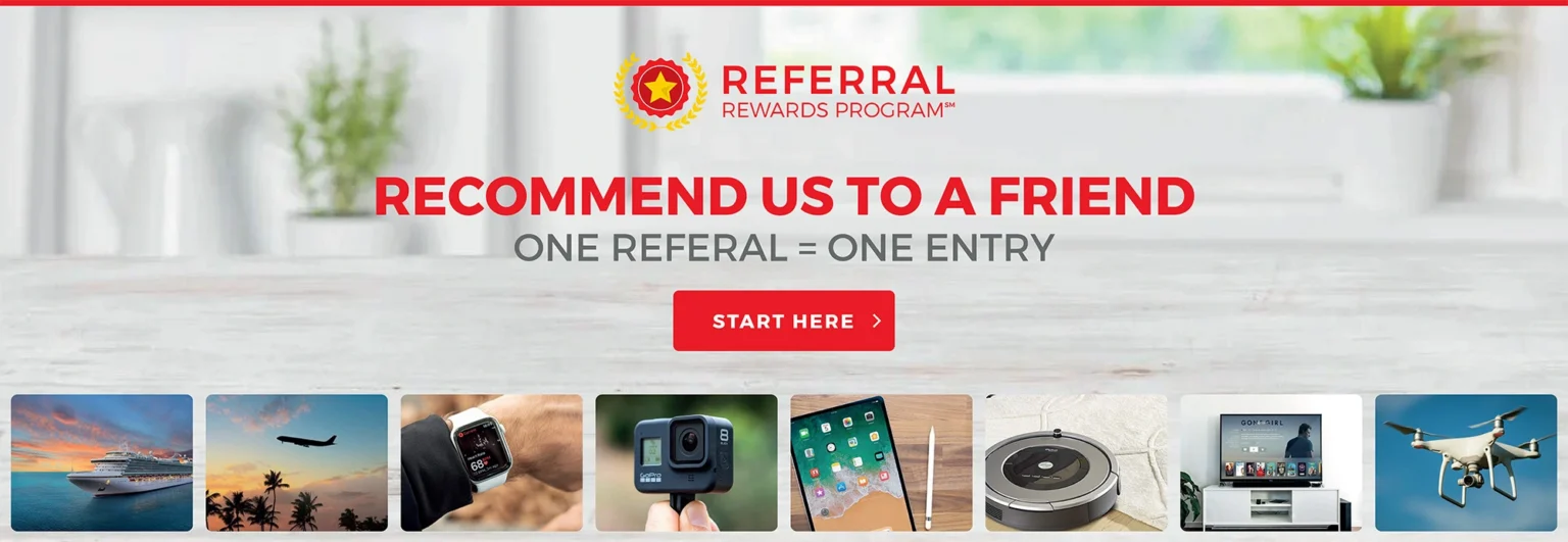 Bath Fitter Referral Rewards Program promotional banner displaying the program logo and tagline recommend us to a friend, with a row of prize images including a cruise ship, tropical vacation, smartwatch, action camera, tablet, robot vacuum, smart TV, and drone